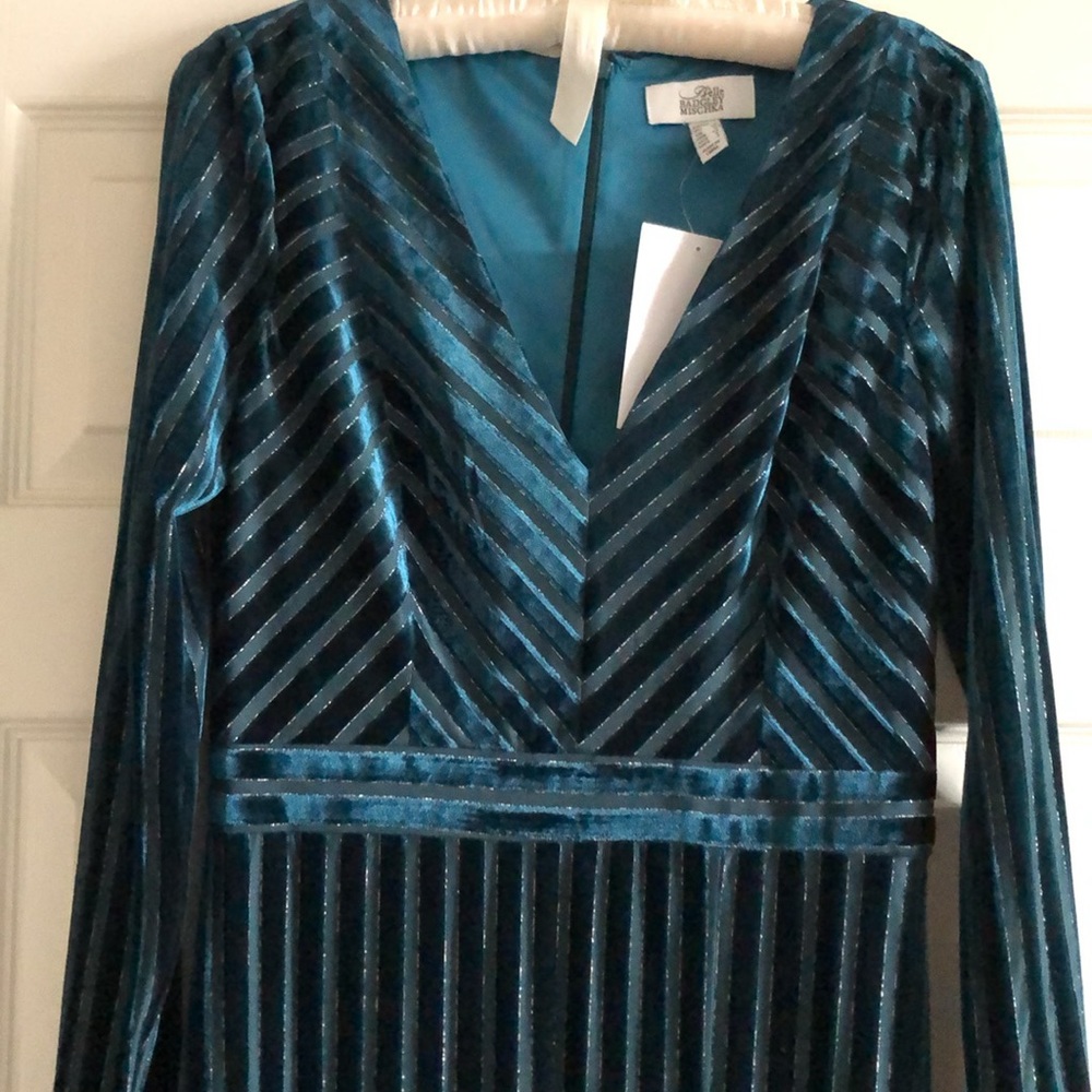 Badgley Mischka Striped Teal Velvet Gown 4 NWT